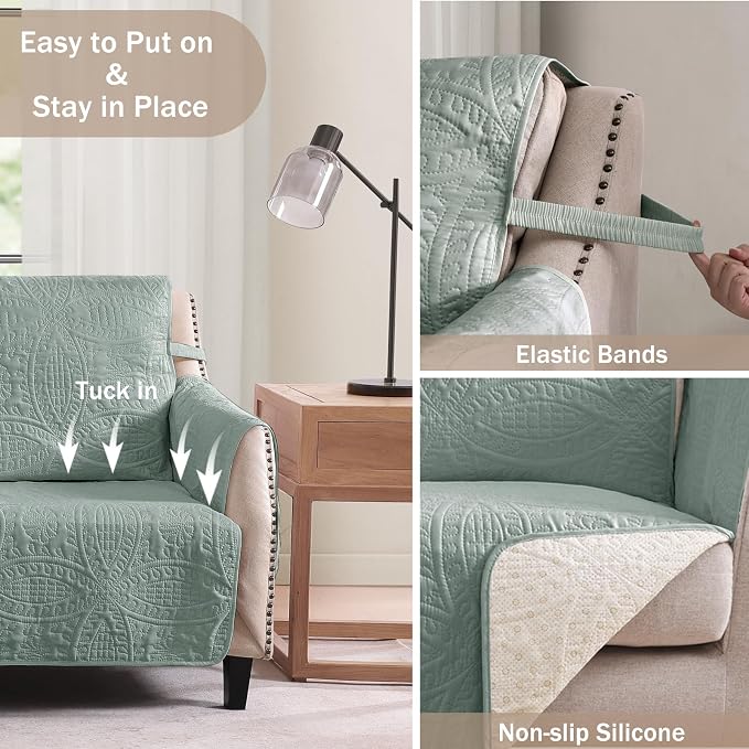Soft Sage Quilted Couch Cover with Pockets for Extra-Large Sofa, Anti-Slip Sofa Covers Washable for 3 Cushion, Pet Friendly Oversized Sofa Cover Water-Repellent (X-Large Sofa 78", Sage Blue) - Image 5