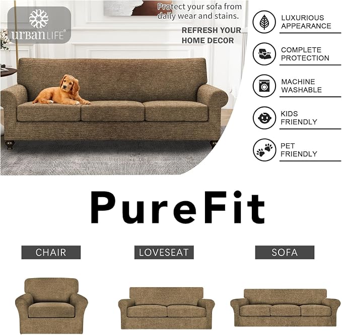 URBANLIFE 4-Piece Stretch Sofa Covers for 3 Cushion Couch, Brown | Super fitted spandex slipcovers for couches. Non-slip elastic bottom. Machine washable furniture protector for kids & pets. - Image 7