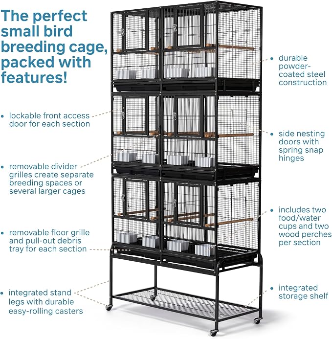 Prevue Pet Products 3-Stack Breeding Flight Cage - Extra Large Divided Metal Cage with Stand & Wheels, Pull-Out Tray, Perches & Feeders, for Parakeets, Lovebirds, and Small Breeding Birds - Black - Image 3