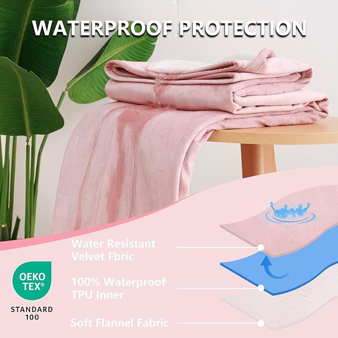 Waterproof Blanket for Dogs - Reversible Furniture Protector | TPU Leak-Proof Liner, Soft Velvet & Flannel Pet Throw, Machine Washable, For Couch and Bed, 82" x 120", Pink/Cream - Image 2