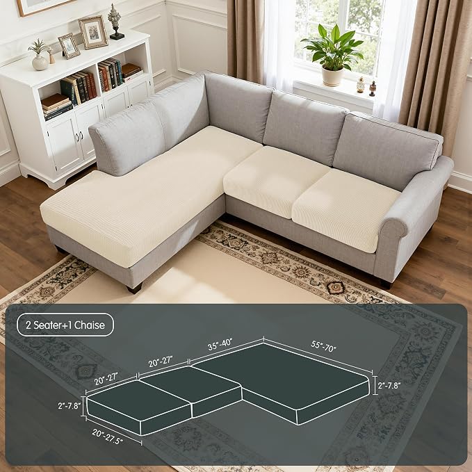 Hokway Chaise Cover and Couch Cushion Covers Set, Separate Sectional Sofa Cushion Slipcovers, Reversible Cushion Protector for L-Shaped Sofa(2 Pieces for Seater & 1 Piece for Chaise, Creamwhite) - Image 2