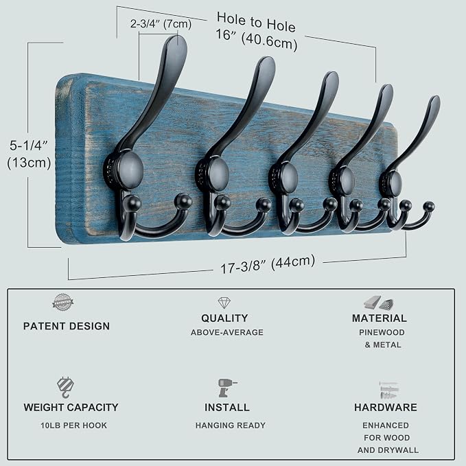 Dseap Coat Rack Wall Mount - Heavy-Duty Robust Barnwood-Style Wooden Wall Coat Hanger Hook Rail with 5 Triple Hooks for Winter Coats Hat Jacket Clothing, Weathered Blue & Black, Pack of 2 - Image 6