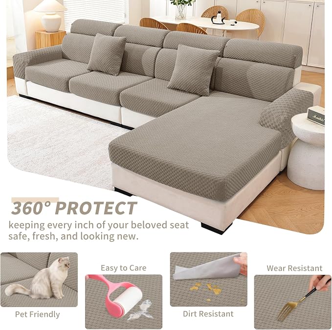 YEMYHOM Couch Cushion Covers for Sofa, Stretch Sectional Couch Seat Cushion Covers Washable Thick Furniture Protector Sofa Slipcovers for Pets (3 Seater + 1 Chaise, Khaki) - Image 6