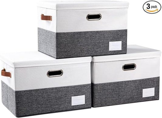 PRANDOM Foldable Storage Bins with Lids [3-Pack] Fabric Collapsible Storage Boxes Baskets Cubes Containers with Handles for Closet Living Room Bedroom (Grey & White 17.7x11.8x11.8'') by Prandom