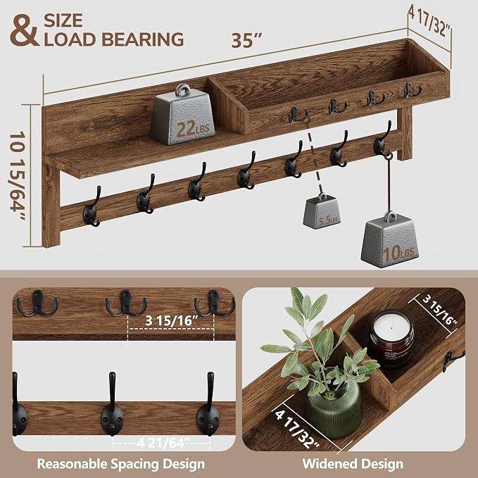 AMBIRD Coat Rack Wall Mount, 35 inch Large Wall Hooks with Shelf, Entryway Shelf with 7 Dual Coat Hooks 4 Key Hooks Mail Organizer, Wooden Coat Hanger and Key Holder Wall Mount - Image 5
