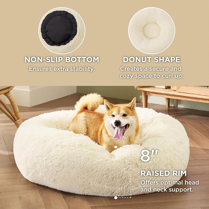 Bedsure Calming Dog Bed Medium Size Dog Donut Washable Pet Bed,30ins | Fluffy Faux Fur Round Cuddler,Machine Washable,Anti-Slip Bottom,Anti-Anxiety,Deep Sleeping for Pets Up to 45 Lbs,Ivory Beige - Image 3