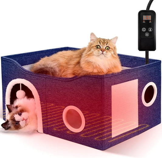 Indoor Heated Cat House, Adjustable Temperature Cat Heating Bed with Timer and Chew Resistant Cord, Large Cat House with Heating Pad for Small Medium and Large Cats by Heeyoo