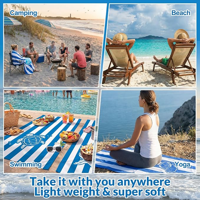 Frienda 4 Pack Microfiber Oversized Lightweight Beach Towel 71x32 in for Women Men Microfiber Quick Dry Sand Free Ocean Coastal Towels for Beach Pool Travel (Blue and White Stripes) - Image 6
