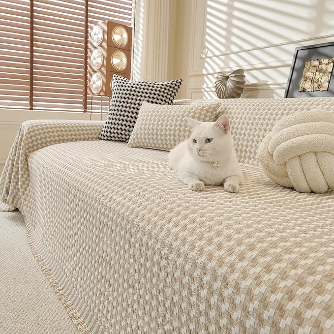 ROOMLIFE Thicked Checkered Boho Khaki Couch Cover for 2-3 Cushion Sofa, Chenille Sofa Slipcovers Sectional Sofas Covers for Dog, Non Slip Washable Furniture Protector Soft with Tassel 71''X118'' - Image 9