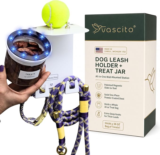 Dog Leash Holder for Wall with Shelf — Wall Mounted Dog Treat Holder & Station, 1 Airtight 16oz Treat Container, 6 Hooks, Patented Lidless Slide-to-Seal Jar, Solid Steel, Made in USA, White by Vascito