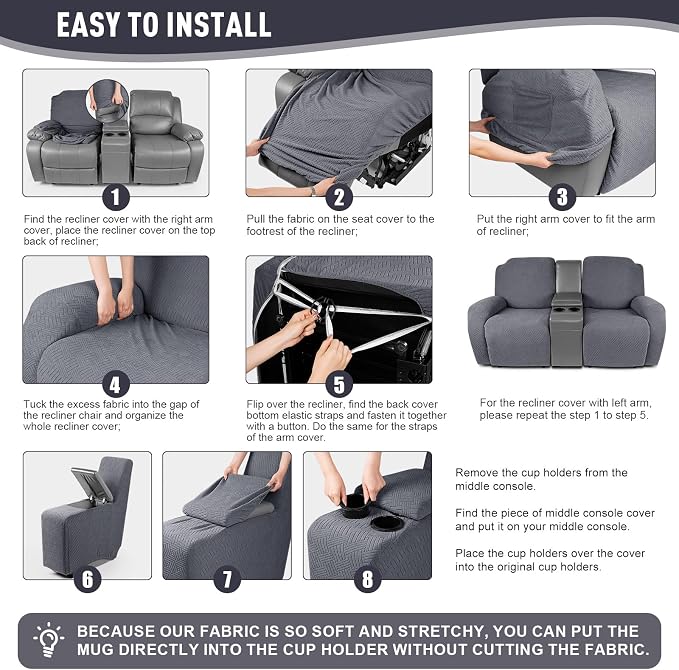 KinCam Loveseat Recliner Covers with Middle Console Slipcover, Dark Gray | Stretch Recliner Sofa Covers for 2 Seat Couch Cover, Jacquard Furniture Protector Covers with Elastic Bottom for Kids, Pets - Image 5
