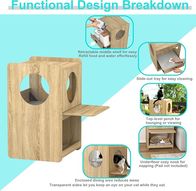 GDLF Cat Feeding Station with Water Fountain Space, Elevated Window Perch | Elevated Feeding Area, Spill-Proof Silicone Mat, Window Perch, Pull-Out Platform, Hidden Cat Storage - Image 7