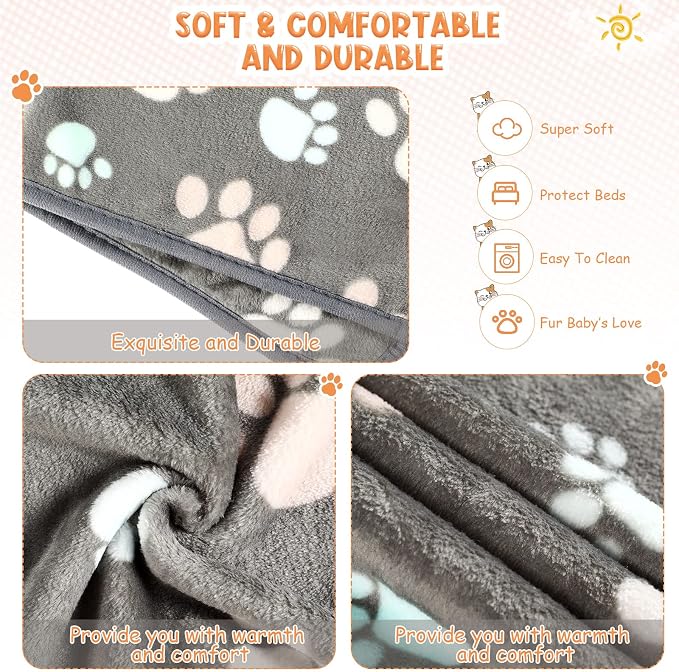 Tatuo 4 Pack Fleece Dog Blankets for Puppy Cats Multi-Size Sleep Mat for Pet Guinea Pig Soft Washable Warm Crate Bed Puppy Teething Toys Print Pattern Blanket Indoor(Dark Gray,41 x 30 Inch,Paw) - Image 4