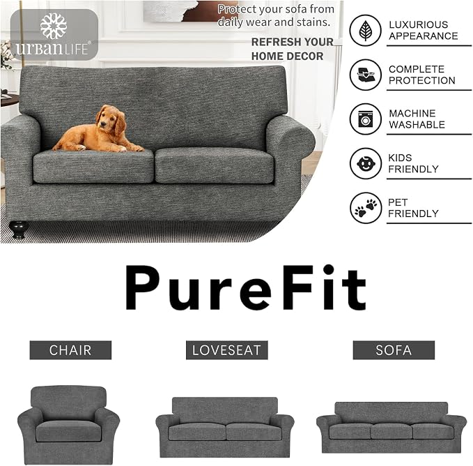 URBANLIFE 3-Piece Stretch Sofa Covers for 2 Cushion Couch, Gray | Super fitted spandex slipcovers for couches. Non-slip elastic bottom. Machine washable furniture protector for kids & pets. - Image 6
