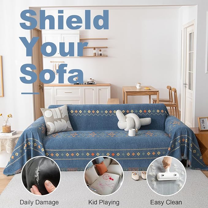 VClife Boho Couch Cover Blue Geometric Jacquard Pattern Sofa Cover, 1 Piece Large Couch Covers for 3 Cushion Couch Sofa Washable Plush Chenille Sofa Protector for Living Room, 71x134 Inch - Image 3