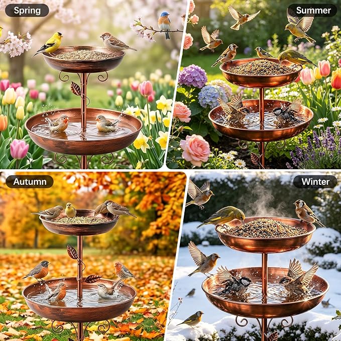 2-in-1 Tall Bird Bath and Feeder for Outdoors, 47" Adjustable Metal Standing Birdfeeder with 5-Prong Base, Antique Copper Finish Rustproof Water Bowl & Seed Tray Station for Garden Yard Patio Decor - Image 7