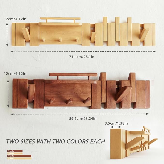 Mid Century Modern Wood Coat Rack Wall Mount with Shelf, 7 Hooks, Walnut | Wood and metal wall rack with fold-down piano-key hooks and display shelf organizes coats, bags, keys and decor up to 25 lb. - Image 5