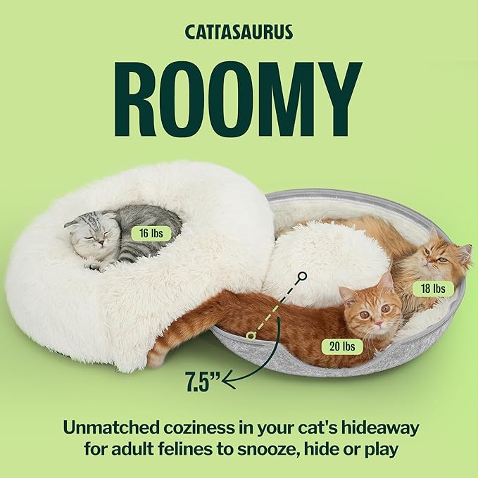 CATTASAURUS Peekaboo Cat Cave for Multiple & Large Cats Up to 30-45 Lbs, Fluffy Cat Beds for Indoor Cats, Scratch Detachable & Washable Tunnel Bed, Comfy Donut Cave (Light Gray, Large (Calming)) - Image 4