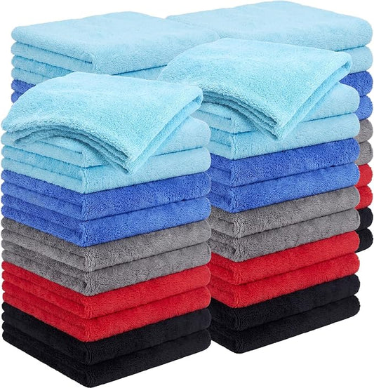 Shimeyao 30 Pcs 16 x 16 Inch Edgeless Microfiber Plush Towels for Cars Detailing Drying Wash Polishing Absorbent Cleaning Cloths, 500 GSM (Blue, Light Blue, Black, Grey, Red) by Shimeyao