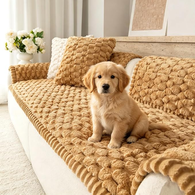 Upgraded Washable Non Slip Dog Couch Cover, Soft Thick Fuzzy Sofa Slipcover, Pet Friendly Furniture Protector for Sofa Couch(Khaki,28"x59") by Buzyset