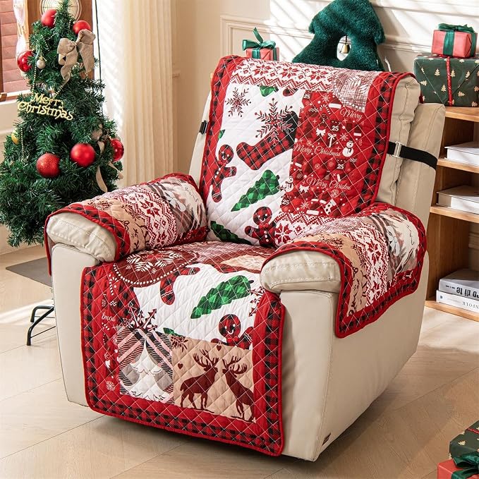 Cmfshape Christmas Skidproof Sofa Cover-Festival Sofa Slipcover with Elastic Straps-Easy Fit Slip Cover-Patchwork Washable Furniture Protector for Pets and Kids(Recliner,Red) - Image 3