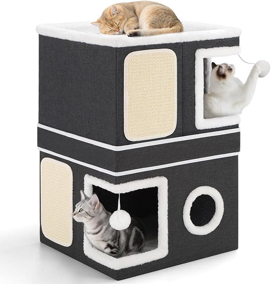 Shikha 2 Story Cat House beds for Indoor Cats with Scratch Pads Black | 2 in 1 Dual Use Double Cat Bed Cave for Multiple Pets Kitten, Elevated Perch for a Wide View, All Season Reversible Cushion by Shikha