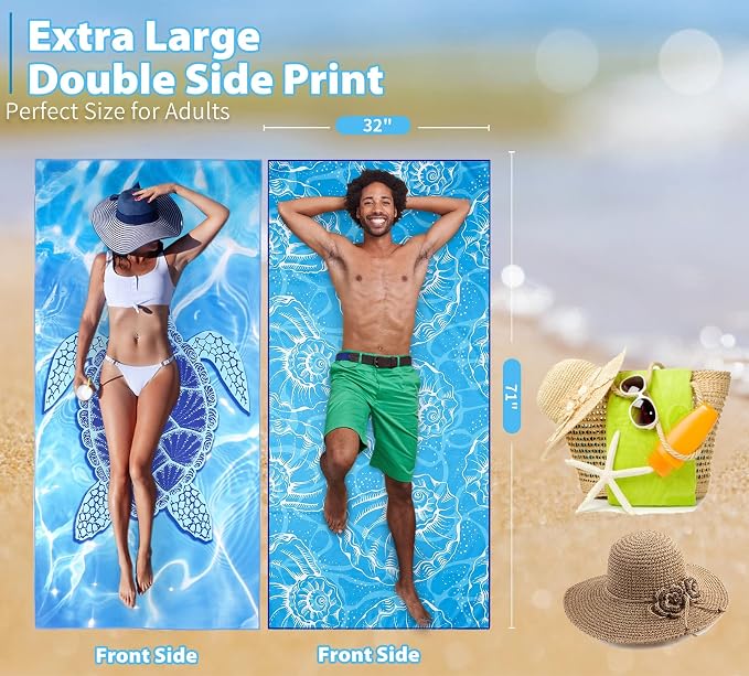 TwoYek Microfiber Beach Towel Extra Large 71x32 Turtle Shell 2 Pack | Thin & Lightweight, Sand Free, Super Absorbent & Quick Dry, Oversized Towels for Beach Bath Pool Swim Travel Essentials Gift - Image 3