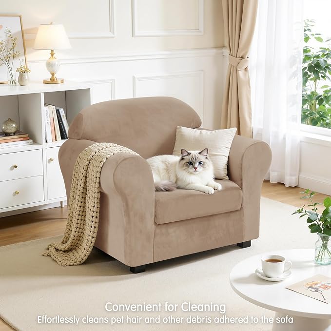 CHUN YI 2 Piece Velvet Armchair Cover Couch Covers 1 Cushion, Water Resistant Chair Slipcover with Arms, Non Slip High Stretch Thick Furniture Protector for Dogs Pets, Small, Camel - Image 7