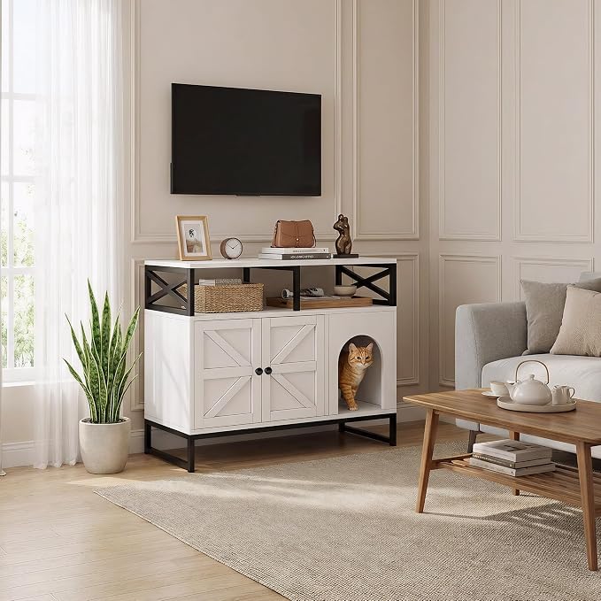DreamDashio Cat Litter Box Enclosure with Shelves, 35.4" Hidden Litter Box Furniture, Enclosed Litter Box Cabinet with Storage, Farmhouse Indoor Cat House for Living Room, Bedroom, Entryway, White - Image 7