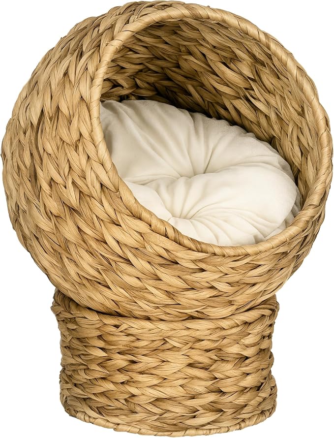 PAWHUT Egg Chair Rattan Elevated CAT Bed with Removable Cover, 17-in, Brown | Soft Cushion & Egg Chair Shape, Basket Bed Kitty House with Stand, Raised Wicker House by PawHut