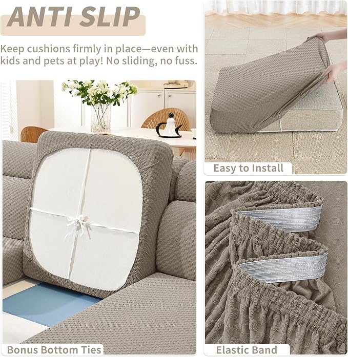 YEMYHOM Couch Cushion Covers for Sofa, Stretch Sectional Couch Seat Cushion Covers Washable Thick Furniture Protector Sofa Slipcovers for Pets (3 Seater + 1 Chaise, Khaki) - Image 5