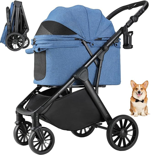 MAMIZO Foldable Dog Stroller for Medium Dogs Cats Up to 55 Lbs, Adjustable Height Handle, Pet Stroller with Aluminum and Carbon Steel Frame, Sun Shades, Storage Basket & Shock Absorbers, All-Terrain
