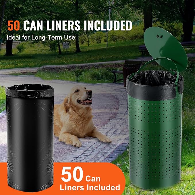 VEVOR Dog Poop Trash Can With 50 Liner Bags, 11.5 Gallons Outdoor Waste Bin With Lid & Liner Clip for Pet Waste Station, Disposal Container for Garden Backyard Park - Image 5