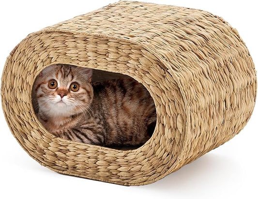 Cat House,Handwoven Cat Cave Pet Cube, Natural Cat Beds Indoor Kitten House with Double-Sided Soft Cushions, Pet Cat House for Multiple Cats, for Living Room Bedroom by LGENHOOMHandwovenNaturalWaterHyacinthBasket