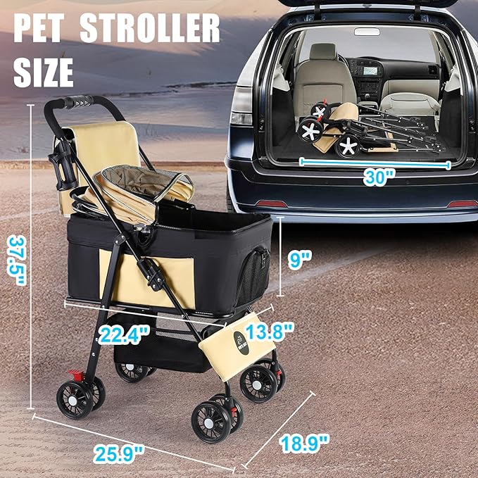 3 in 1 Pet Dog Stroller for Small Medium Dogs 10-50 lbs, Foldable Cat-Strollers for 2-Cats with Removable Carrier, Pet-Strollers for Cats with Storage Bag, Small Puppy-Stroller, Dog-Cart (Brown)
