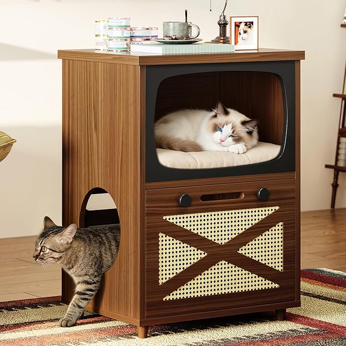 IRONCK 2-Tier TV Shaped Cat Litter Box Enclosure with Rattan Scratch Board | 2-in-1 litter cabinet. Fits standard litter boxes. 2-tier. Scratching board. Works as side table. Cat-friendly materials by IRONCK