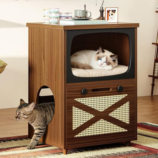 IRONCK 2-Tier TV Shaped Cat Litter Box Enclosure with Rattan Scratch Board | 2-in-1 litter cabinet. Fits standard litter boxes. 2-tier. Scratching board. Works as side table. Cat-friendly materials by IRONCK