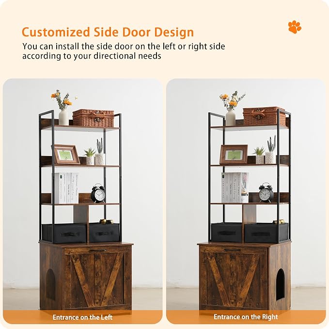 Dwanton Litter Box Enclosure with 3 Storage Shelves and 2 Drawers, 2-in-1 Hidden Cat Litter Box Enclosure Furniture with Shelf, Reversible Entrance, Washable Drawers, 61.8-Inch, Rustic Brown - Image 3