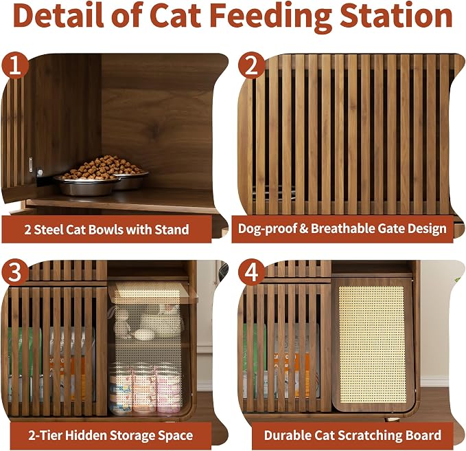 Dog Proof Cat Feeding Station, Pet Feeding Station with Storage and Scratching Board, 2 Raised Steel Bowls for Indoor Cats, Elevated Food Bowls with Stand, Large Pet Furniture, Brown - Image 4