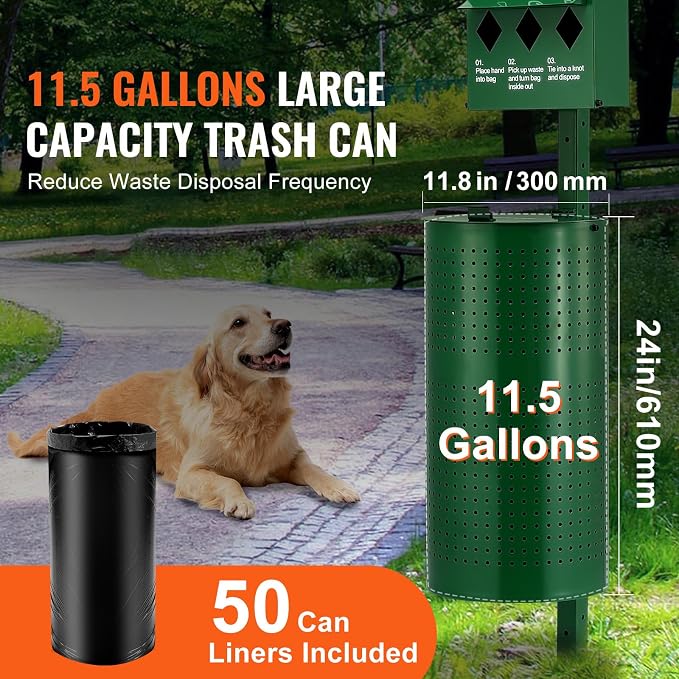 VEVOR Dog Waste Station, 11.5 Gallon Pet Waste Station with Hand Wash Bottle, Lockable Bag Dispenser, 50 Can Liners & 600 Waste Bags, Outdoor Pet Poop Station for Commercial Use, Parks, Backyard - Image 4