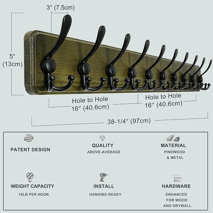 Dseap Coat Rack Wall - Heavy-Duty 38-1/4" Long, with Reinforced 10 Custom Tri-Hooks, Solid Wood Wall Hanger for Coats Hat Jackets - Rustic Farmhouse Entryway Storage,Weathered Green & Black,Pack of 2 - Image 5
