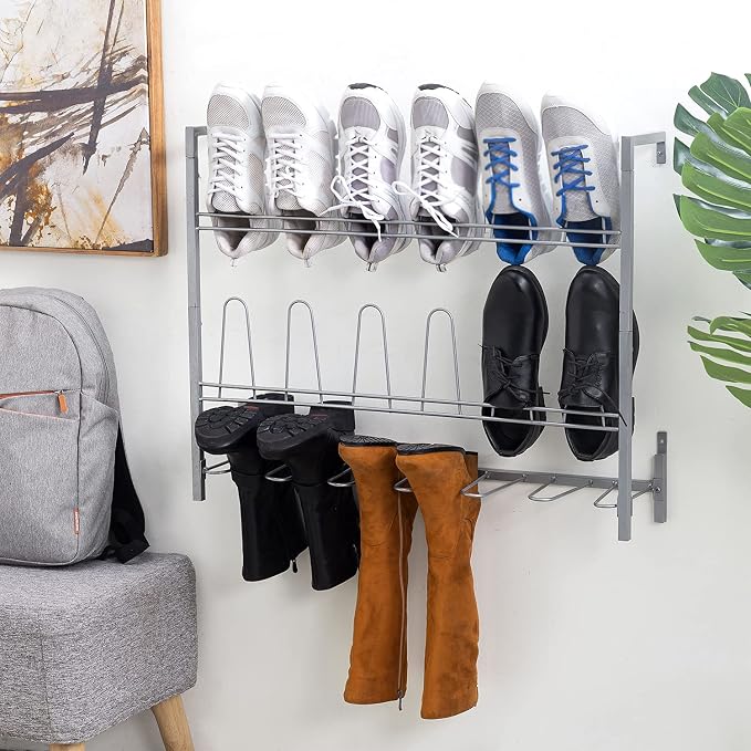 MyGift Wall Mounted Silver Metal Shoe & Boot Rack Organizer, 9 Pairs | Vertical footwear storage keeps shoes and boots neatly organized while maximizing floor space in closets, mudrooms, and entry - Image 3