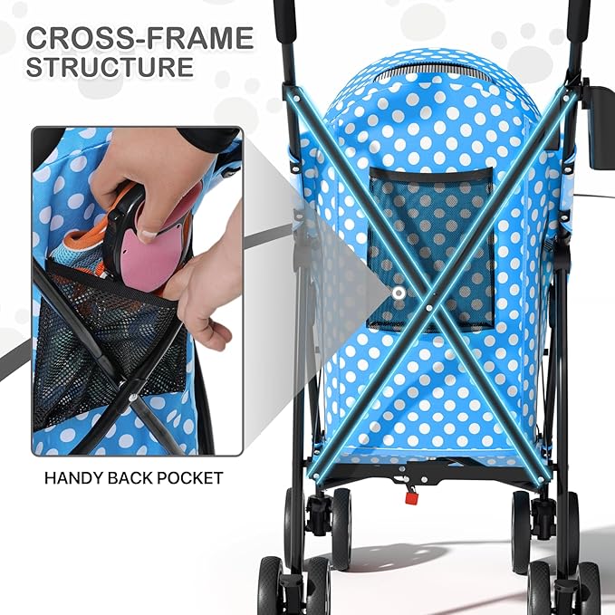 MoNiBloom 4 Wheels Pet Stroller, Easy-Fold Umbrella Shaped Dog Cat Jogger Stroller w/Storage Bag & Visible Mesh for Small/Medium Dogs Cats Sky Blue Polka Dots