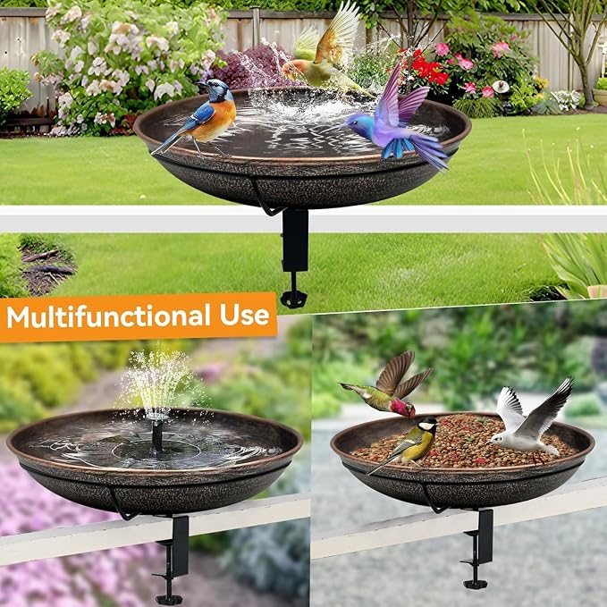 12' Railing Bird Bath for Deck Mounted Metal Bowl with Lightweight Detachable, Bird Baths with Adjustable Sturdy Steel Clamp for Deck Railing Balcony Yard Garden Decoration - Image 3