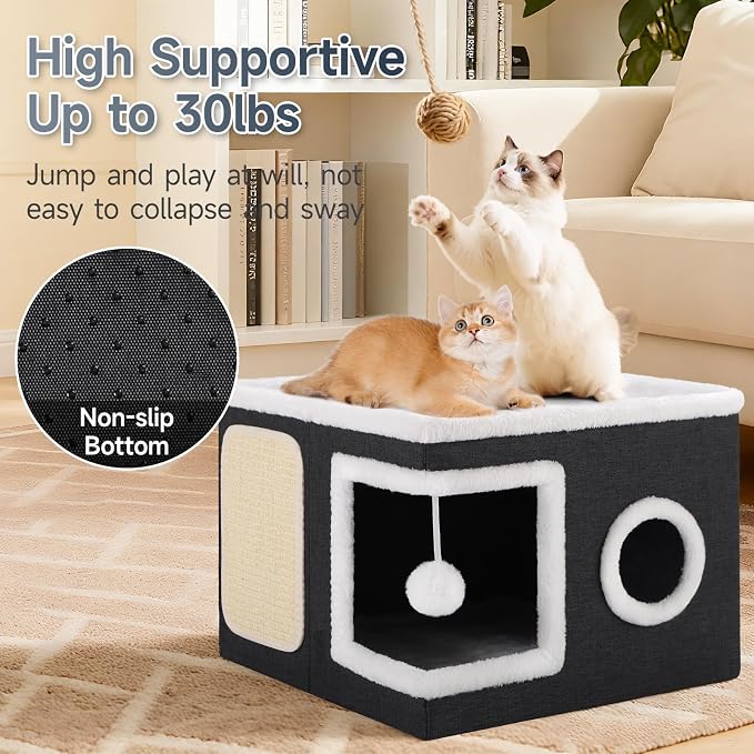 Shikha Cat House Bed for Indoor Cats with Fluffy Ball and Scratch Pad Black | Foldable Large Cat Cave Hideaway with Cozy Condo, Hide and Seek Window, Holds Up to 30LBS, All Season Reversible Cushion - Image 3