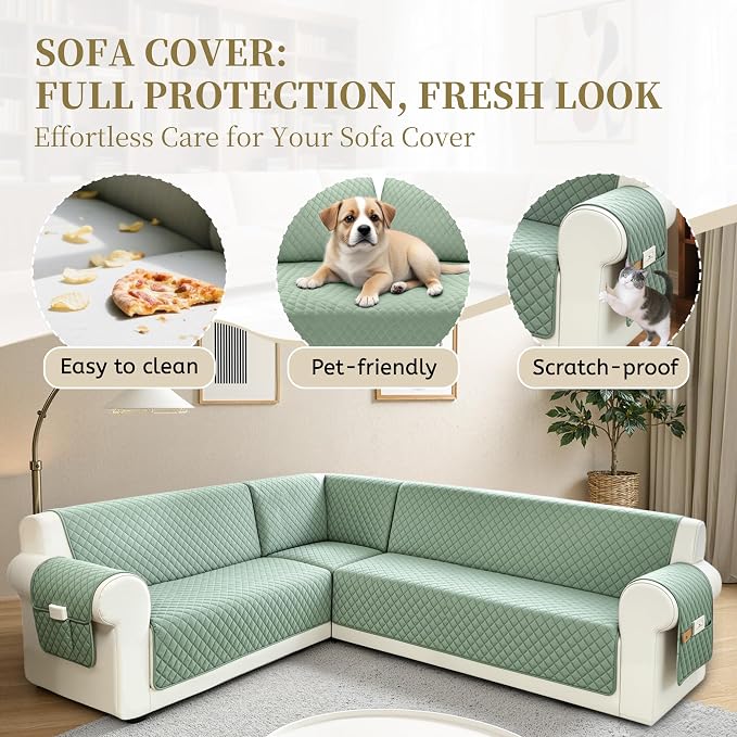 Sectional Couch Covers for Dogs 100% Waterproof Corner L Shaped Sofa Cover Pet Friendly Velvet Washable Anti Slip L Shape Modular Sofa Slipcover Protector with Pockets (Light Green, XL Plus) - Image 4