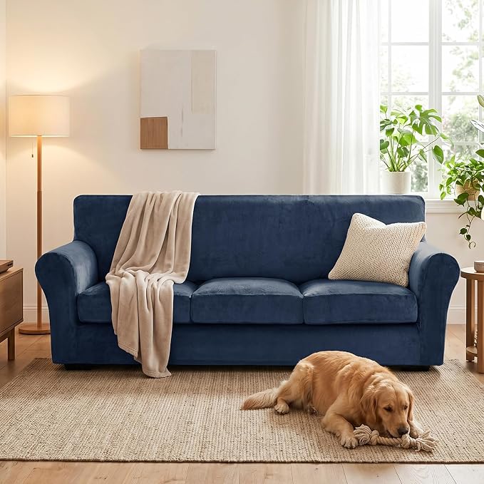 XINEAGE 4-Piece Velvet Sofa Cover,Couch Covers for Dog,Navy Blue | 3 Cushion Sofa,Stretch Non-slip Elastic, Pet-friendly, Washable, Fast Setup, Soft Plush Fabric, Furniture Protector. - Image 4