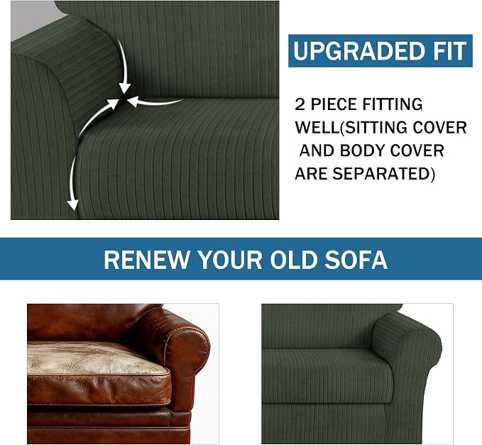 Sofa Cover Stretching Skid Resistance Couch Cover for Pets Washable, Thick and Durable Soft High Spandex Striped Pattern Sofa Covers, Form Fitted Sofa Slipcover(Sofa, Green) - Image 4