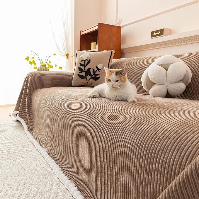VClife Boho Couch Cover, Thickened Furniture Protector, Khaki, 71"X150" | Heavy-duty Pet Resistant Thick Chenille Fabric, Modern Striped Pattern, Fluffy Pom-pom Trim, Kids & Pets Household Friendly - Image 5