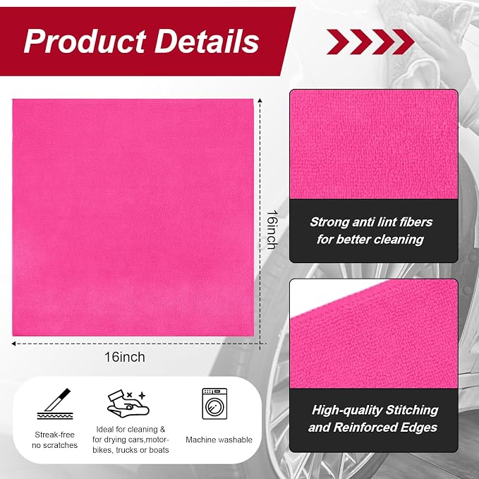 Oudain 200 Pcs Microfiber Cleaning Cloth 16x16 Inch Microfiber Towels for Car Ultra Absorbent Cleaning Rags Reusable Lint Free Streak Free Detailing Towel for Car Washing Drying Dusting (Pink) - Image 2